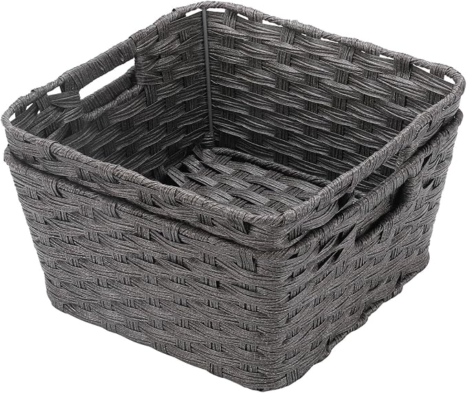 2-Pack Plastic Wicker Storage Baskets for Bathroom, 12"x12"x6", Dark Grey | onlytak Woven Storage Baskets, Stackable & Durable, for Shelves, Closet, Toilet Paper, Home Organizing