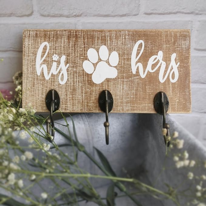 10 o'clock His Her Dog Hanger Unique Key Holder and Leash Hanger with 3 Hooks for Wall | Rustic Decor for Entryway | Cute Housewarming Gift for Dog Lovers 10"x5"