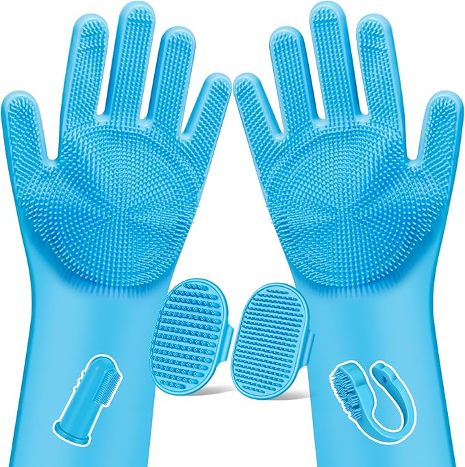 Augwind 6PCS Pet Grooming Kit for Dogs, Cats and Horses | Dog Washing Gloves | Cleanroom Gloves | Dog Bath Brush | Dog Bath Gloves | Dog Shampoo Brush | Dog Bath Supplies (Light Blue)