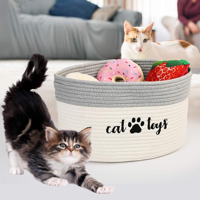 PrimePets Cat Toy Basket, Cotton Rope Storage Basket with Handles, Small Woven Pet Box Bin for Blankets, 15x10x9 inch Cat Holder Container, White and Grey