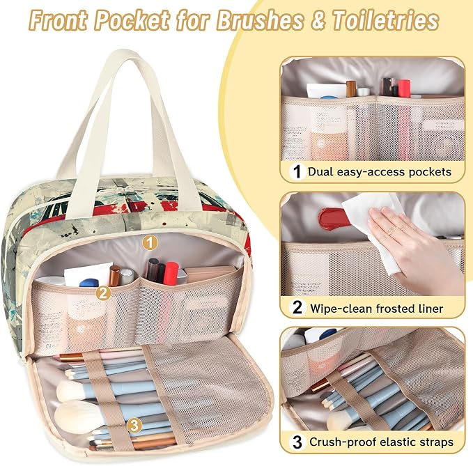 Old Red Truck Car Travel Toiletry Bag with Handle | Wet & Dry Separation, Full-Size Bottle Friendly, Leak-Proof, Waterproof, Easy to Clean, for Travel, Gym, Home