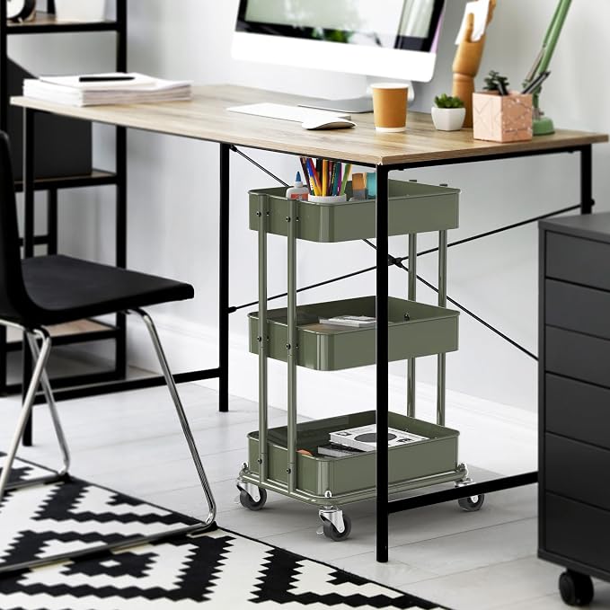 Simple Houseware 3-Tier Utility Cart, Low 24" Height Fits Under Desk, Green | Compact & Lower Height Great for Under-Desk Space-Saving Storage for Home Office, Dining Room, or Kitchen