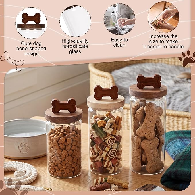 3 Pcs Glass Dog Treat Container, Dog Food Jar with Wooden Lid | 3 Large Sizes, Airtight Pet Treat Storage Container, for Kitchen Counter, Treats Canister, Doggie Cookie, Pets