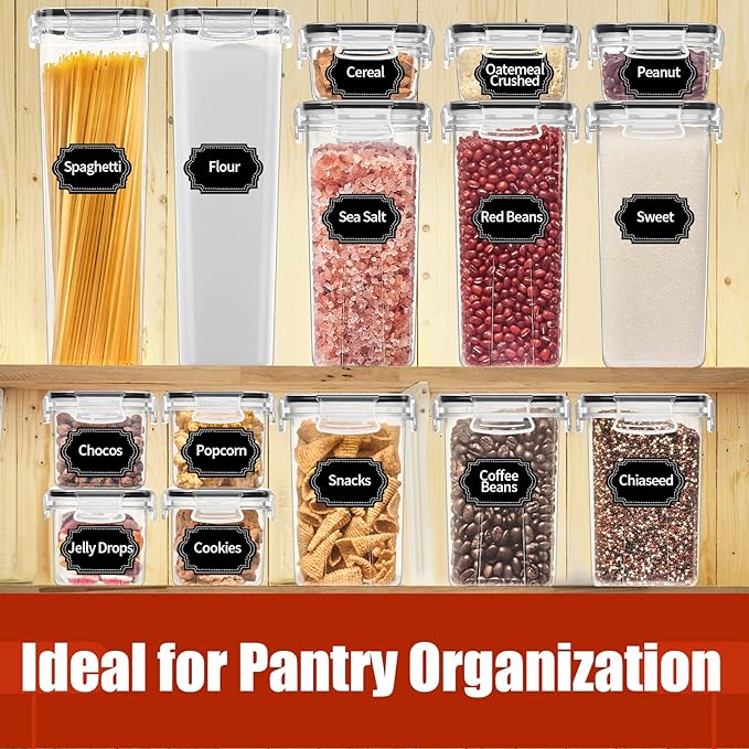 PRAKI 30 Pack Airtight Food Storage Containers for Organizers and Storage | Kitchen Storage Containers for Cereal Flour Sugar Storage, BPA Free, 5 Sizes, Container with 20 Labels, 6 Spoon & Marker