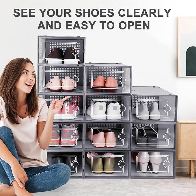 Kuject 12 Pack Large Shoe Boxes, Clear Stackable Containers with Lids,Grey | Shoe organizers for closet & entryway, under-bed,Drop-front design fits women's size 10