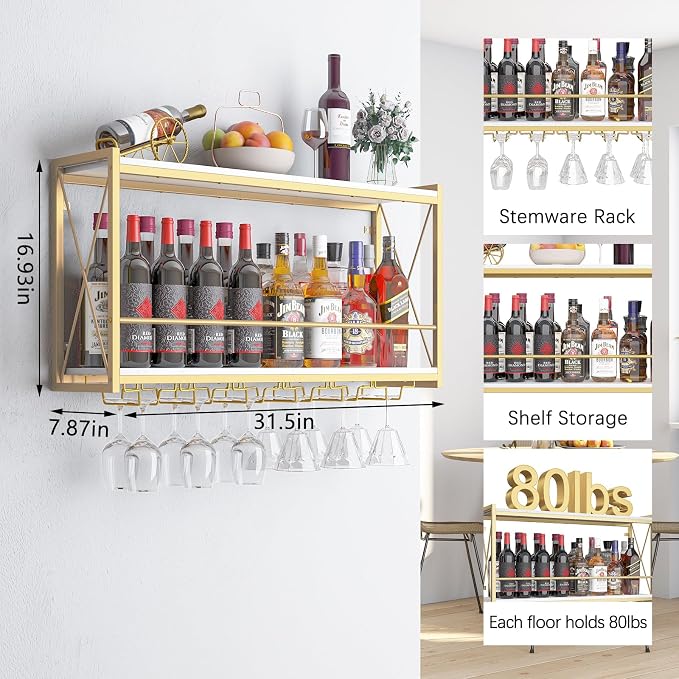 Dokser Wine Rack Wall Mounted Shelf - 2 Tier Wine Bottle Holder for Kitchen | 31.5"Gold 2 Tier Wall Wine Rack with Rustic Wood & Industrial Iron Frame, Wine Bottle Holder for Dining Room, Home Bar Decor