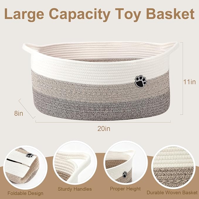 Dog Toy Basket, White & Brown, 2 Pack Toy Box and Bin for Dog Cat Storage, 20" X 11" X 8" Large Woven Rope Basket, for Blanket Storage, Living Room, Bedroom