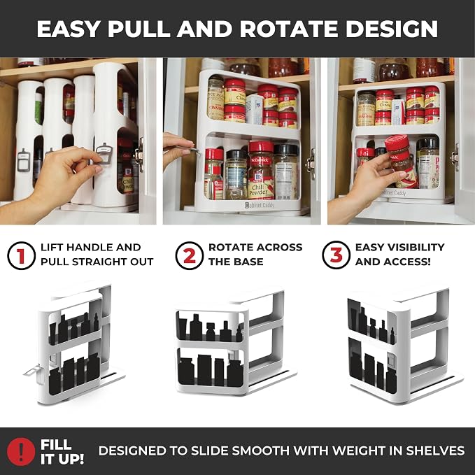 Spice Rack Organizer for Cabinet, Pull & Rotate, 2-Tier | Double-Decker Shelves, 10.8"H x 5.25"W x 10.8"D, Modular Side-By-Side, Non-Skid Feet, Stick-On Labels, Sturdy Build