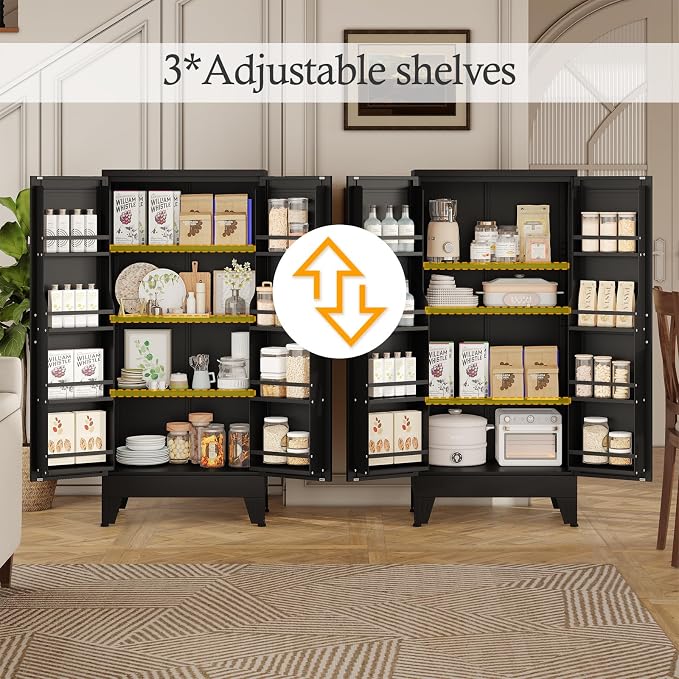 Black Kitchen Pantry Storage Cabinet, 48" Metal Storage Cabinet | Steel Storage with Doors and 3 Adjustable Shelves, Metal Freestanding Buffet Cupboards Sideboard, for Office, Home, School