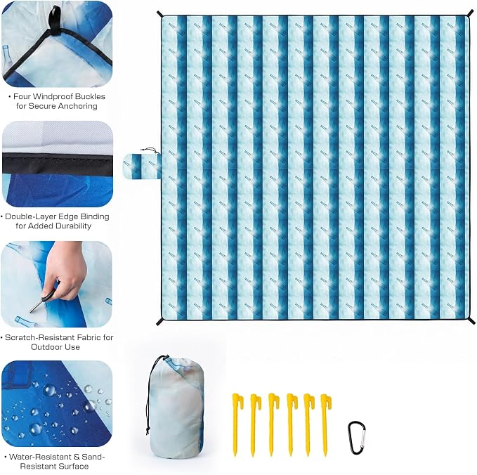 OIGAE Beach Blanket Waterproof Sandproof Oversized Beach Mat | Picnic Mat with Stakes, Storage Bag - Essentials for Outdoor Beach, Picnic,Quick-Dry Lightweight,Windproof Pockets