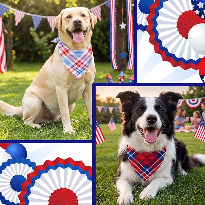 Abbylike 50 Pcs Red White and Blue Plaid Dog Bandanas Bulk Patriotic Gingham Bandana for Dogs Triangle Kerchief Bib Scarf for Pet Veterans Day Thank You Veterans Party Costume, 25 Styles, Medium