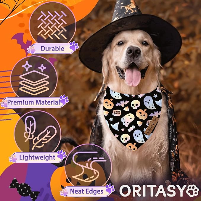 Halloween Dog Bandanas, Colorful Ghost 2-Pack Triangle Reversible Pet Scarves, Premium Fabric, Pumpkin Purple Bandana for All Boys Girls Dogs (X-Large, Style 1)