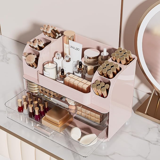 Delamu Large Makeup Organizer Countertop with 6 Brush Holders, Pink