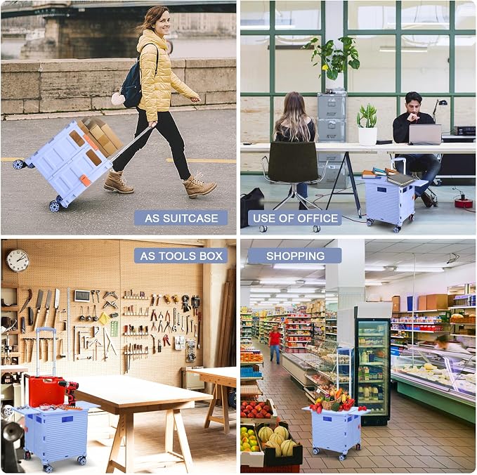 FELICON SELORSS Folding Utility Cart Portable Rolling Crate Handcart-Blue | Magnetic Sliding Lid,Telescoping Handle,Plastic Box Dolly,360°Swivel Wheels for Travel Shop Move Laundry Office Teacher Use