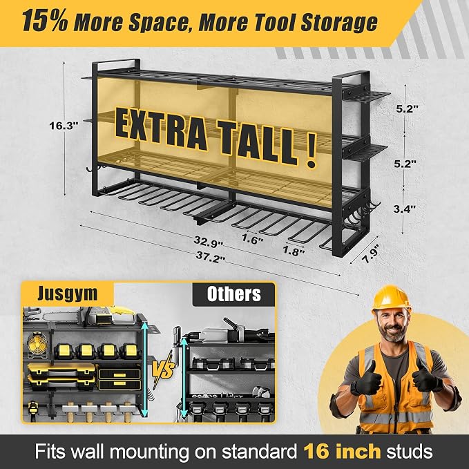 4-Tier Power Tool Organizer Wall Mount, 450LBS Capacity, 8 Drill Holders | 3-Tube Reinforced Design, Holds 50+ Tools, Cordless Tool Organizer, Rust Resistant, Quick Assembly, Garage Gift for Men