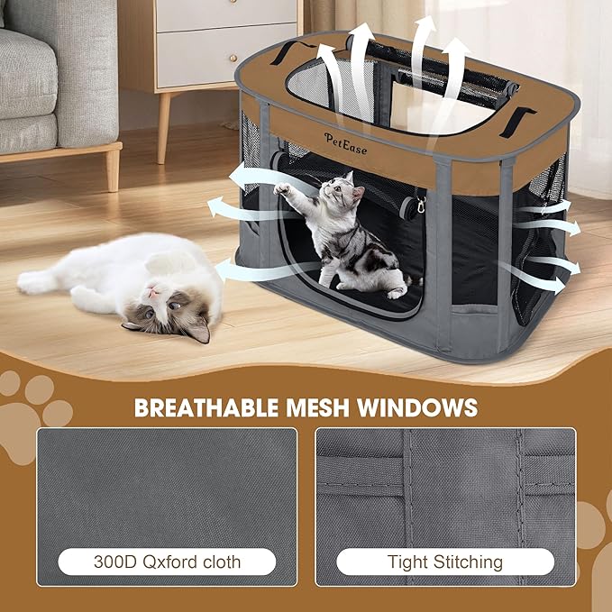 Portable Cat Playpen with Litter Box, Cat Enclosure for Camping, Cat Recovery Playpen After Surgery, Foldable Indoor Outdoor Pet Tent for Cats Rabbits Puppies (Brown)