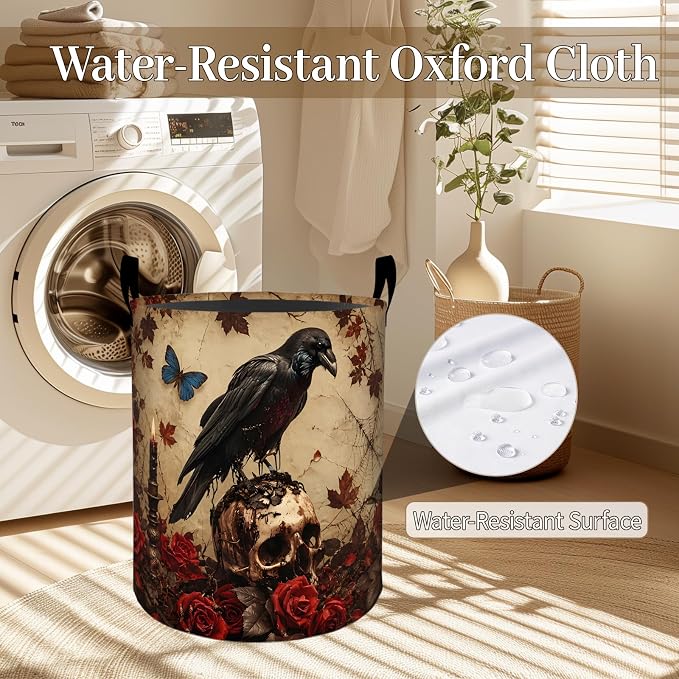 Gothic Raven Laundry Basket, Skull Rose Print Foldable Oxford Cloth, Waterproof Dirty Clothes Hamper with Handles, Clothing Storage Bin Toy Organizer for Bedroom Dorm Bathroom, 19.7"x15.7"