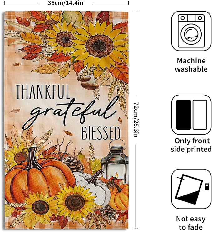 Giwawa Fall Autumn Towel Set of 2 Thankful Grateful Blessed Pumpkins Sunflowers Hand Face Towels Thanksgiving Harvest Soft Microfiber Gym Spa Dish Towel for Bathroom Guest Hotel Season Decor