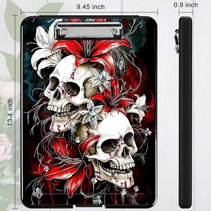 Red Lily Skull A4 Clipboard with Storage Pen Holder, Clipboards Organizer Nursing Clipboard Foldable File Folder Plastic Clipboard Folio Clip Board for Office Students Classroom Doctor