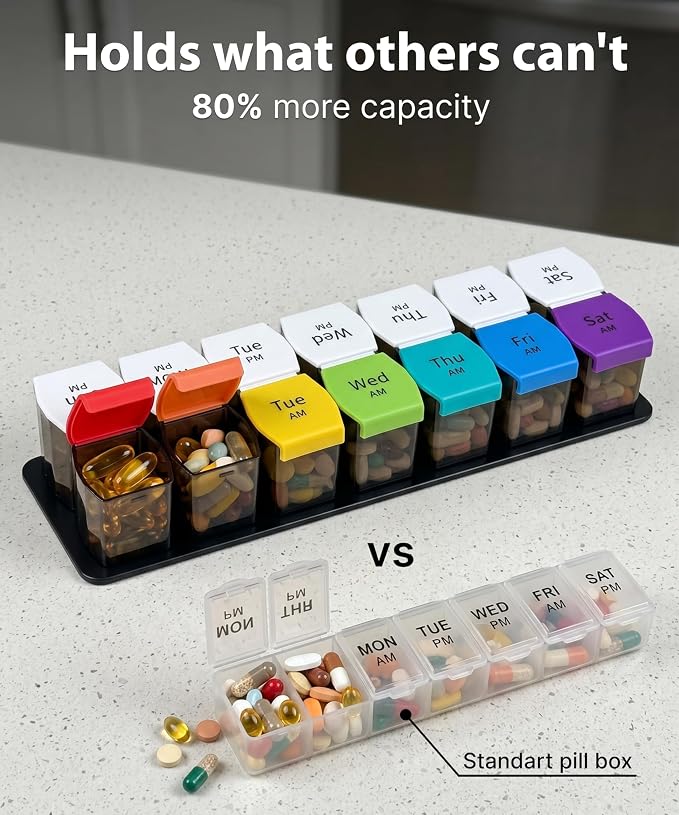 Extra Large Pill Organizer AM PM - Weekly Pill Box 7 Day for Big Vitamins & Supplements, Large Capacity Medicine Organizer with 7 Detachable Compartments, XL Pill Case for Seniors, Athlets, Caregivers