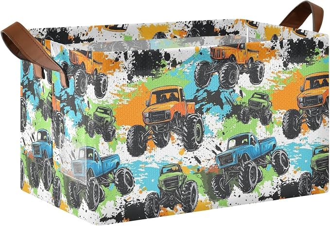 Colorful Monster Truck Splash Trucks Baby Storage Basket with Labels&Handles Rectangular Waterproof Nursery Storage Bins Collapsible Shelf Organizer Baskets for Kids Books Cloth Gift Toys Laundry