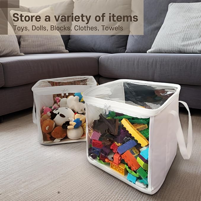 holay 2 Pack Clear Storage Cubes with Lids, 12 Inch Toy Organizer Bins | Transparent lid & sides; reinforced carry handles; folds flat; holds toys, clothes, books; fits cube shelves