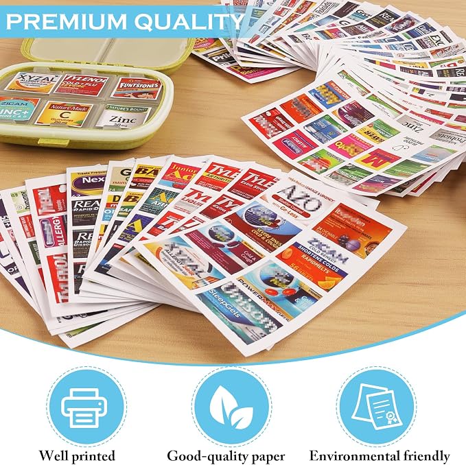 482Pcs Medicine Stickers for Pill Organizers, Pre-Cut Quality Travel Daily Medication Organizer Stickers of Brands, 47 Sheets Pill Box Lables Stickers