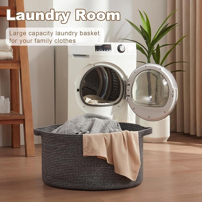 OIASKET Large Woven Baskets for Storage, 22.8" x 22.8" x 13" Blanket Storage Living Room, Baby Toy Basket for Clothes, Pillows, Towels, Shoe Basket for Entryway (Dark Grey)