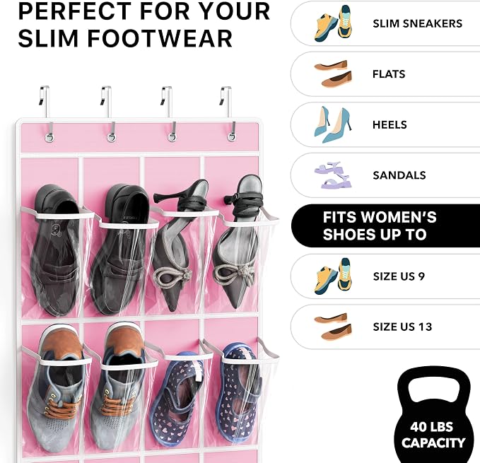 Simple Houseware 24 Pockets Clear Over the Door Shoe Organizer, Pink | 64" x 19", 4 Durable Metal Hooks, 4.3" x 9.5" Pocket Size, Multipurpose