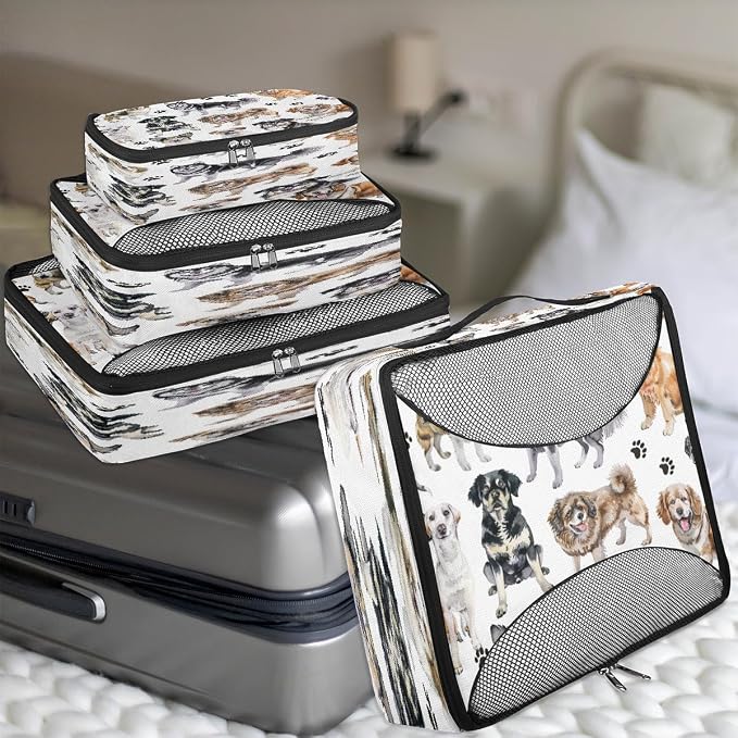 OSAM SPACE Dog Breed Cute 4 Set Packing Cubes for Travel Lightweight Suitcase Cube Storage Organizer Luggage Space Saver Packing Bags for Vacation Business Camping