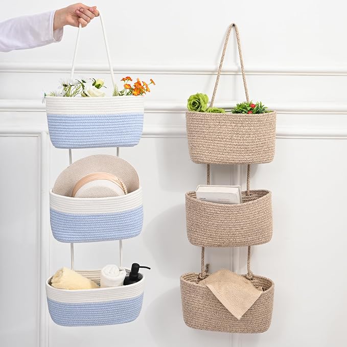 ICERZCZ Hanging Baskets for Organizing, Over the Door Decorative Storage Organizer, Nursery Decor Organization, 3-Tier Wall Basket for Entryway Playroom Bathroom Closet, Light Blue & Off White