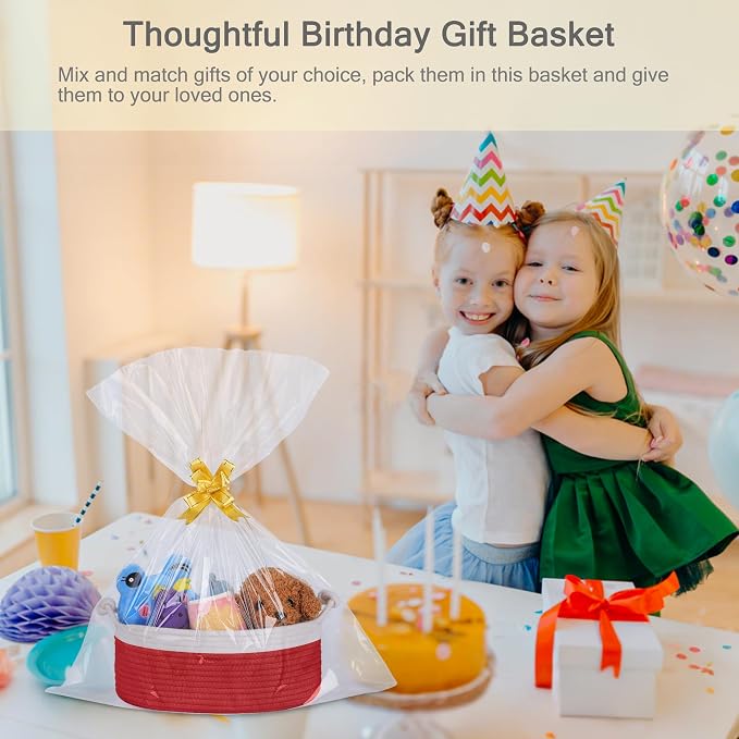 Small Empty Gift Basket with Bag & Ribbons, White & Red | 12“x8”x5”, Cotton Rope Woven Basket for Birthdays, Baby Showers, Mother's Day, Christmas; Stores Small Items, Kids & Pet Toys