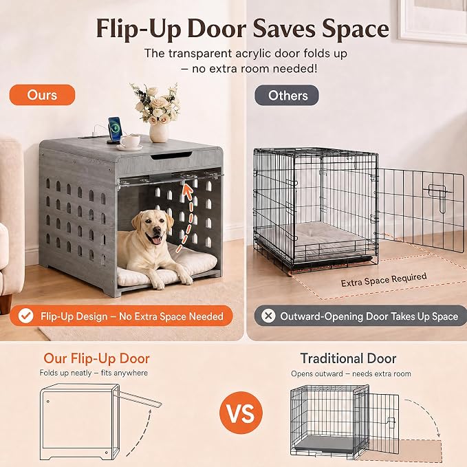 Modern Dog Crate Furniture Wooden Kennel Charging Station End Table Grey | Nightstand, Dog Cage Indoor, up to 110 lb, Flip-Up Acrylic Door, Storage Drawer, for Large Medium Dogs, Living Room Bedroom