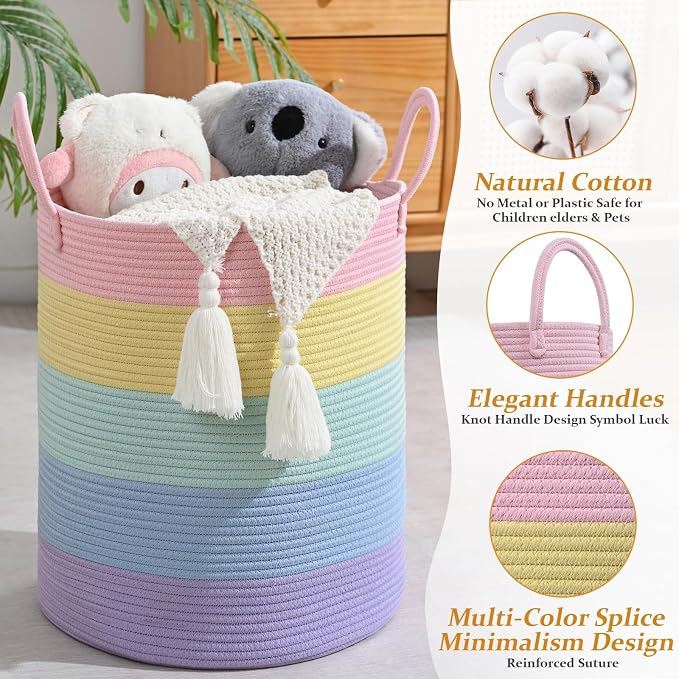 Laundry Hamper for Organizing, 52L Large Laundry Baskets, Cotton Rope Woven Blanket Basket, Collapsible Laundry Hamper for Living Room, Nursery, 15"×18", Light Rainbow