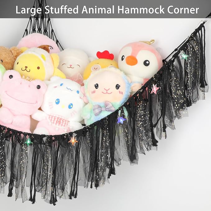 Stuffed Animal Hammock with LED Lights - 59 Inch Large Toy Storage Net for Kids Bedroom, Wall-Mounted Plush Organizer with Wooden Rings, Nursery Decor (Handwoven, Black)