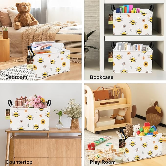 Rectangle Foldable Storage Basket Handles For Home, Bee | Waterproof canvas material, reinforced handles, perfect for shelf use, organizes clothes, daily items and pet supplies