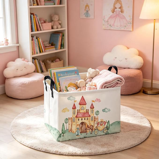 Rectangular Pink Princess Storage Basket,Cute Basket for with Handles for Room Decor,Gift Baskets,Girl pink room decor(Watercolor castle)