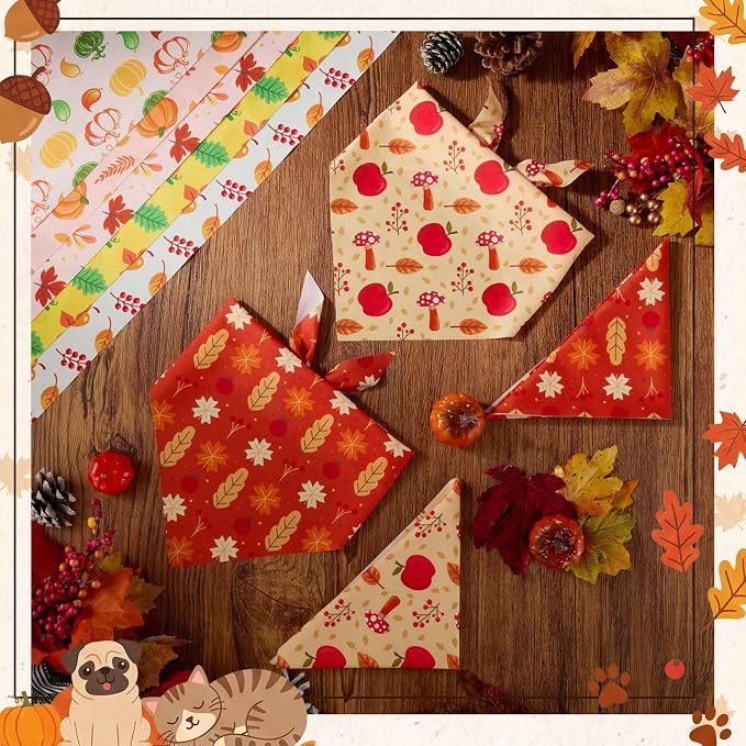 200 Pcs Fall Dog Bandanas Bulk Autumn Pumpkin Maple Leaves Pattern | Triangle Kerchief Bibs Scarf Set for Pets Harvest Party Costume Photo Props Accessories, 25 Styles, 25.6 x 17.7 x 17.7 Inch