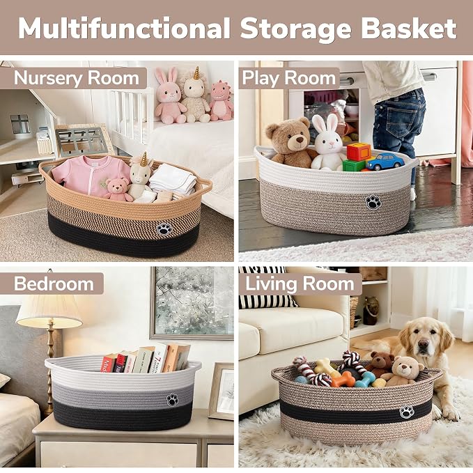 30L Large Woven Rope Dog Toy Basket with Paw Print, Brown Mix | 19.7" x 11" x 7.9" Dog Toy Bin & Box with Handles, Storage Basket for Blankets Towels, Fits Living Room Nursery Bedroom