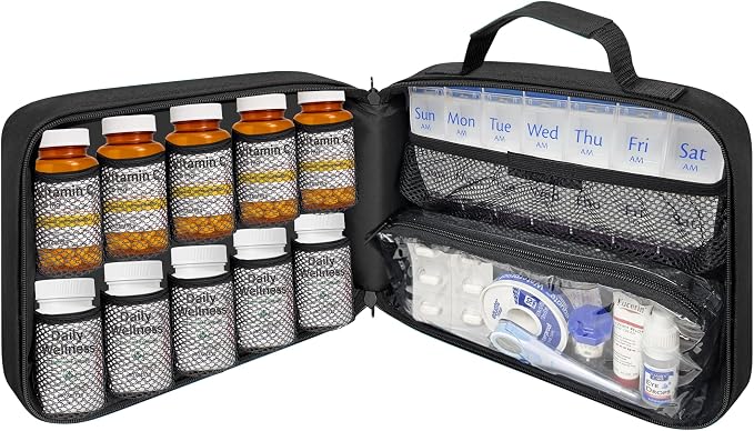 Large Pill Bottle Organizer & Medicine Bag for Travel | Prescription bottle organizer with 10 bottle pockets and padded storage for medication bottles, supplements, vitamins