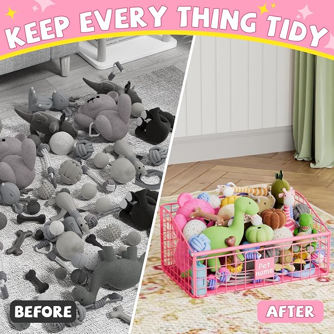 Kaiferty Indestructible Dog Toy basket, Medium Toy Box for Dogs,Pet Toy Bin Dog Metal Basket for Toys, Toy Storage Organizer, Living Room Area (Pink)