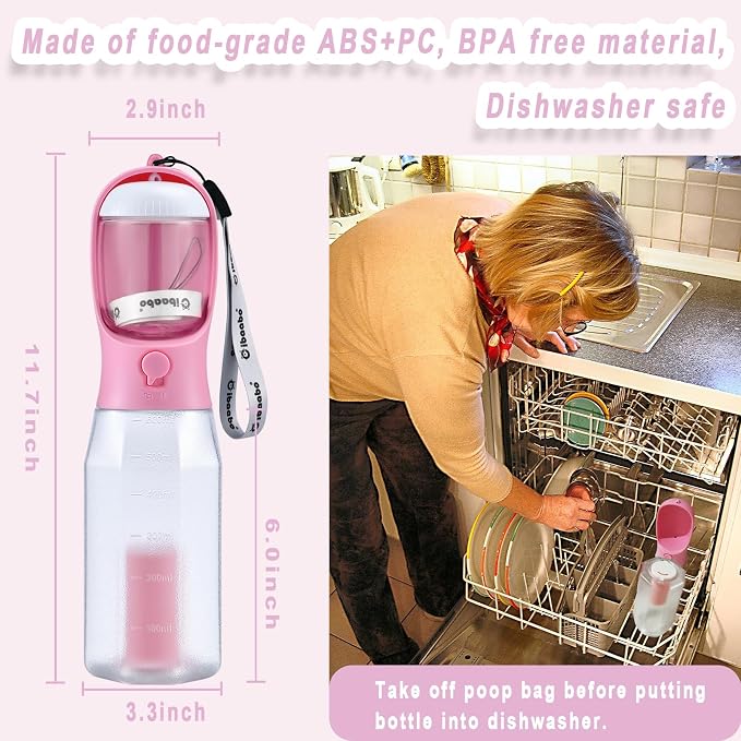 Cibaabo Dog Water Bottle with Food Container & Poop Bag Holder & Filter | Feeding & Hydration & Waste All in One | Travel Puppy Water Bowl | Portable Pet Dispenser | Dog Gifts | for Walking Beach