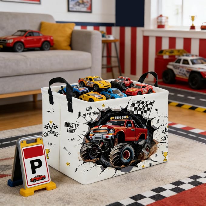 Rectangular Monster Truck Basket,Racing Car Storage Baskets,Cute Basket for kids with Handles,Kid Room Decor Gift,Car Room Decor,Book baskets(Monster Truck)