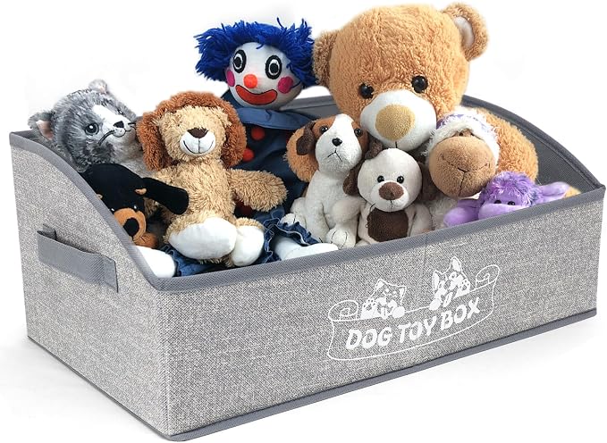 COWOSO Foldable Dog Toy Basket with 3 Handles, Pet Storage Box, White Dogs | Portable Pet Toy Organizer for Dog Toys & Accessories, Low Front Design, Waterproof Collapsible Storage Bin for Living Room
