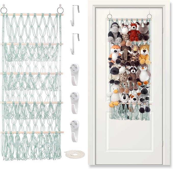 Stuffed Animal Net or Hammock Large Plushie Net Corner 4 Layer Toy Storage | Handmade Stuffed Animal Hammock Net with Boho Macrame Design Corner Organized Saves Space Holder Hanging for Plush Toys Green