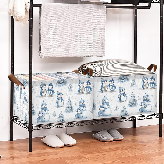 Snowman and Penguin Blue Winter Storage Basket Foldable Cube Storage Bins with Handles&Label Waterproof Collapsible Organizer Box Bin Large Rectangle Decorative Baskets for Shelves Home Room Laundry