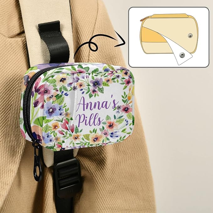 Custom Pill Box 7 Day Pill Case Bag Watercolor Spring Flowers Personalized Name Travel Pill Organizer Bag with Zipper Portable Weekly Case Compact Size for Vitamin Supplement Holder