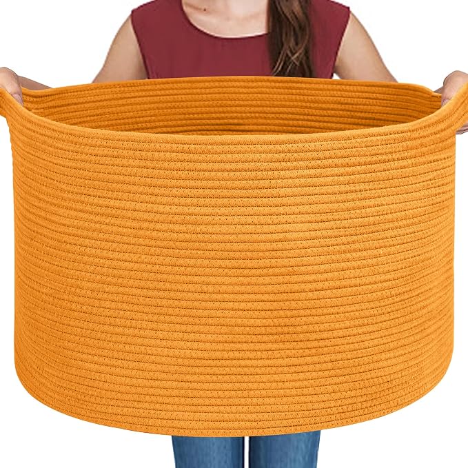 Extra Large Orange Basket, 22" X 22" X 14" Woven Cotton Rope Bins for Blankets, Baby Nursery Wicker Laundry Towel Basket, Kids Dog Toy Storage Box, Big Orange Living Room Decor Organizer