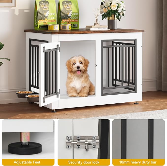 DWVO 28 Inch Dog Crate Furniture with Adjustable Feet & Removable Bowls | Dog Kennel Indoor Furniture End Table for Dogs, Modern Decorative Wooden Cage, Chew-Resistant, White