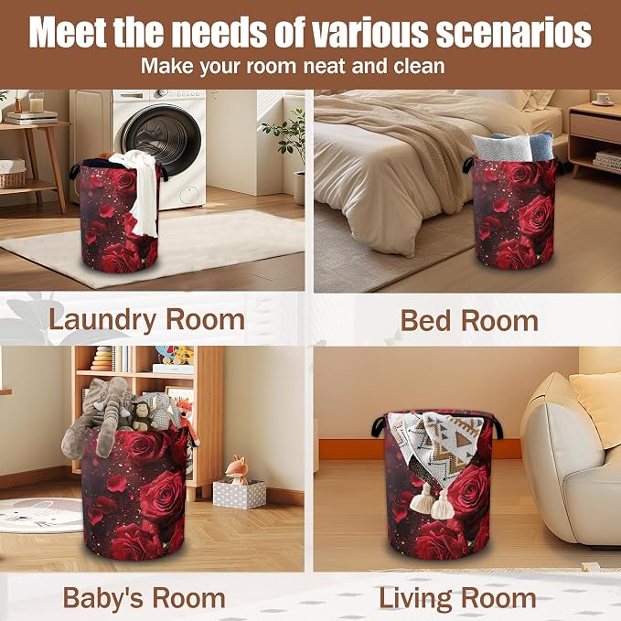 Red Rose Laundry Baskets,Laundry Hamper,Storage Basket with Handles for Bathroom Bedroom College Dormitory Living Room Nursery Organizer 16"x20.8"